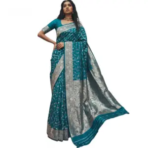 Women's Art Silk Printed Saree with Blouse – Teal