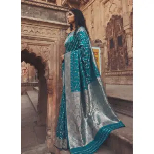 Women's Art Silk Printed Saree with Blouse – Teal