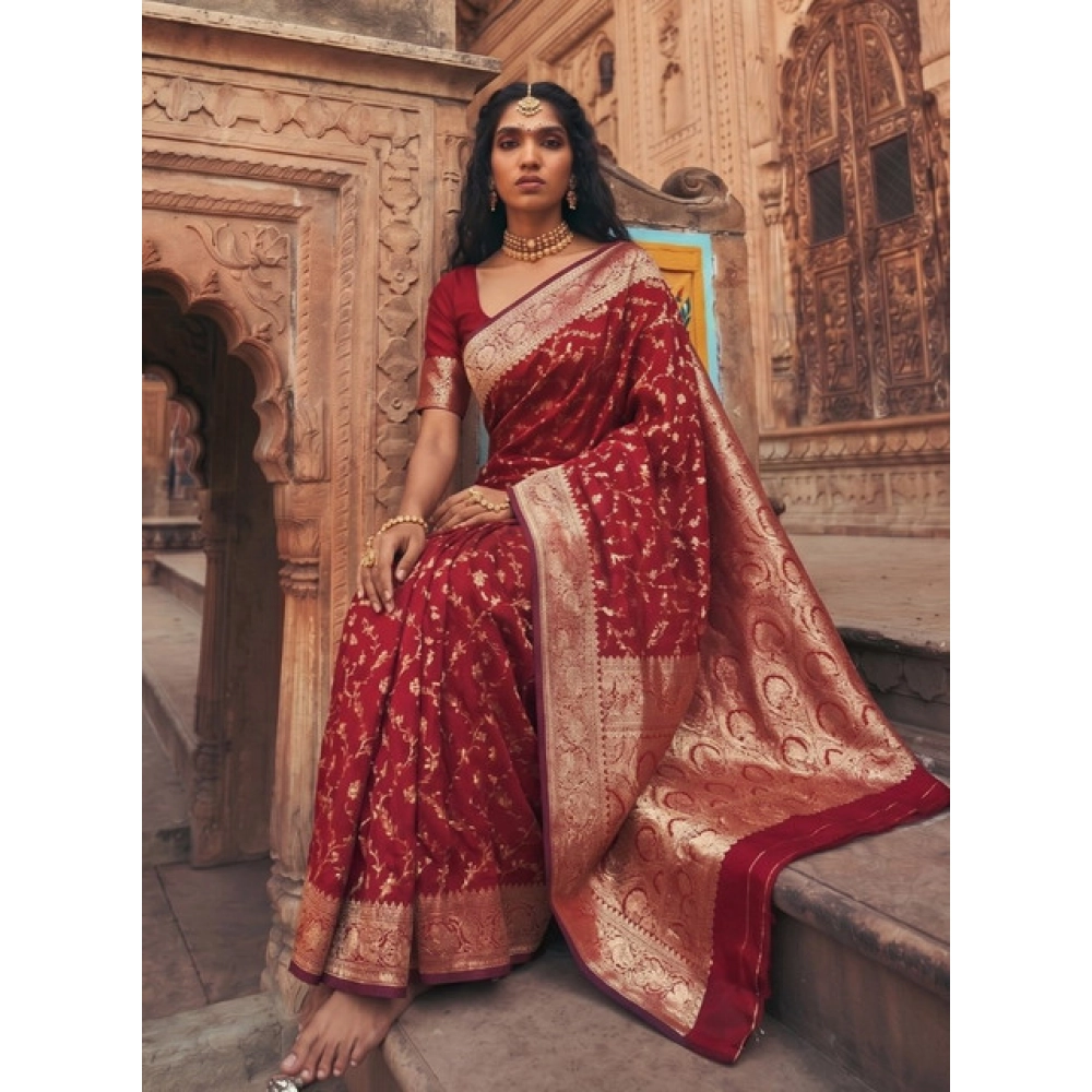 Women's Art Silk Printed Saree with Blouse – Red