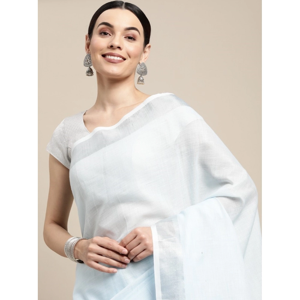 Women's Linen Cotton Striped Saree with Blouse – Sky Blue