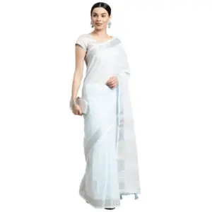 Women's Linen Cotton Striped Saree with Blouse – Sky Blue