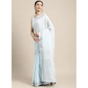 Women's Linen Cotton Striped Saree with Blouse – Sky Blue