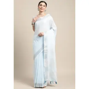 Women's Linen Cotton Striped Saree with Blouse – Sky Blue