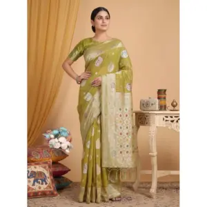 Women's Linen Cotton Printed Saree with Blouse – Mustard