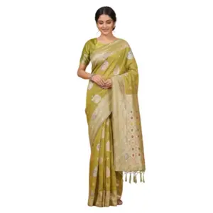 Women's Linen Cotton Printed Saree with Blouse – Mustard