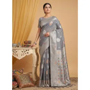 Women's Linen Cotton Printed Saree with Blouse – Grey