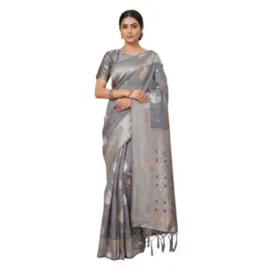 Women's Linen Cotton Printed Saree with Blouse – Grey
