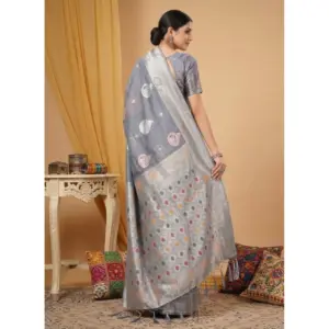 Women's Linen Cotton Printed Saree with Blouse – Grey