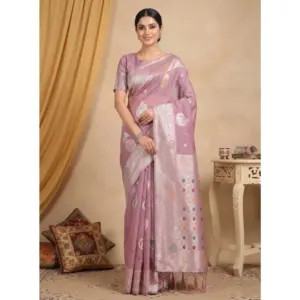 Women's Linen Cotton Printed Saree with Blouse – Purple