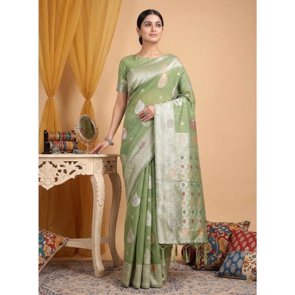 Women's Linen Cotton Printed Saree with Blouse – Light Green