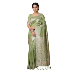 Women's Linen Cotton Printed Saree with Blouse – Light Green