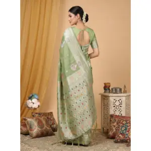 Women's Linen Cotton Printed Saree with Blouse – Light Green