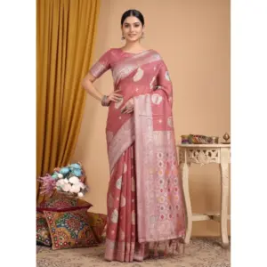 Women's Linen Cotton Printed Saree with Blouse – Pink