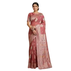 Women's Linen Cotton Printed Saree with Blouse – Pink