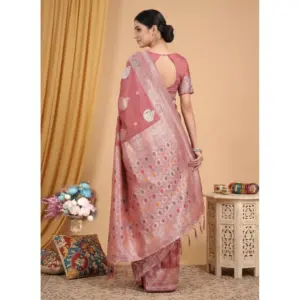 Women's Linen Cotton Printed Saree with Blouse – Pink