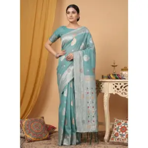 Women's Linen Cotton Printed Saree with Blouse – Sea Green