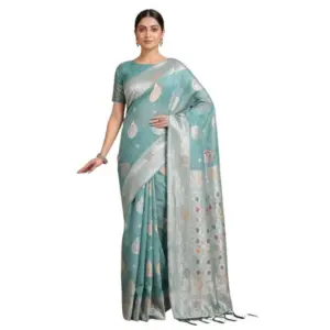 Women's Linen Cotton Printed Saree with Blouse – Sea Green