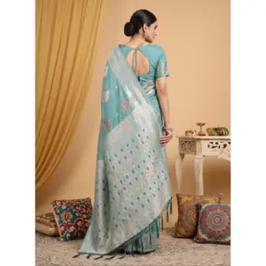 Women's Linen Cotton Printed Saree with Blouse – Sea Green