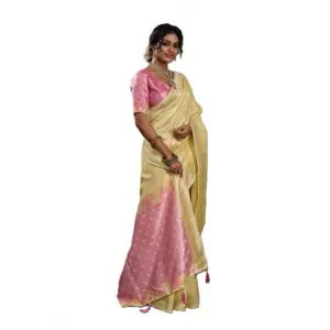 Women's Linen Cotton Printed Saree with Blouse – Yellow