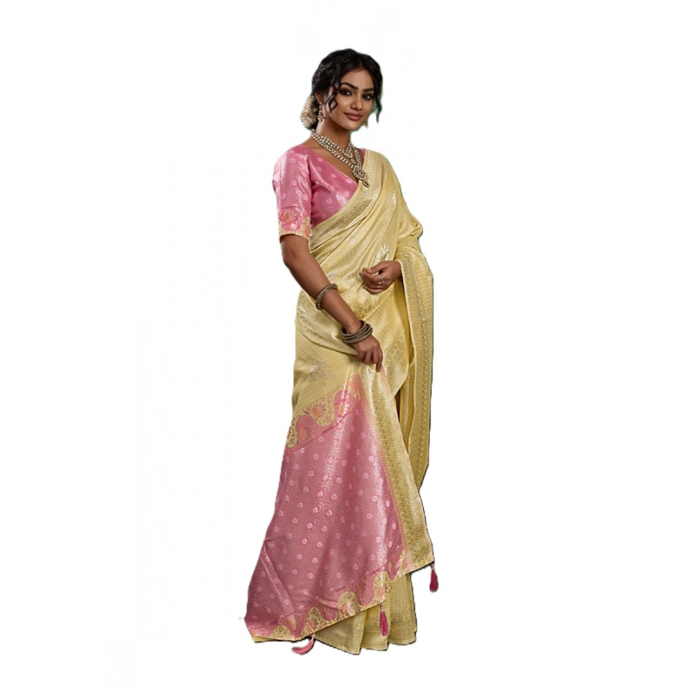 Women's Linen Cotton Printed Saree with Blouse – Yellow