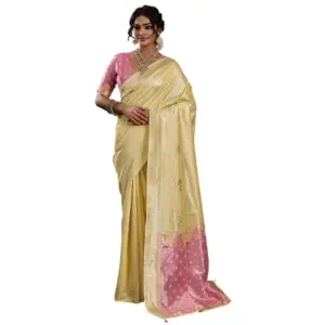 Women's Linen Cotton Printed Saree with Blouse – Yellow