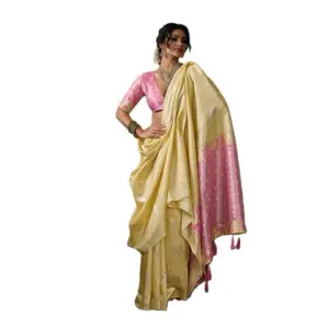 Women's Linen Cotton Printed Saree with Blouse – Yellow