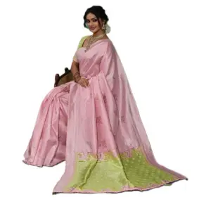 Women's Linen Cotton Printed Saree with Blouse – Pink