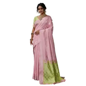 Women's Linen Cotton Printed Saree with Blouse – Pink