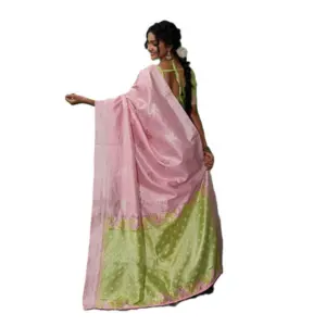 Women's Linen Cotton Printed Saree with Blouse – Pink