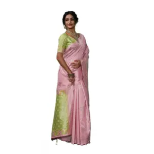 Women's Linen Cotton Printed Saree with Blouse – Pink
