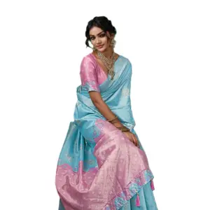 Women's Linen Cotton Printed Saree with Blouse – Sky Blue
