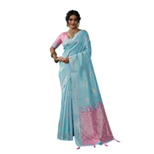 Women's Linen Cotton Printed Saree with Blouse – Sky Blue