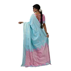 Women's Linen Cotton Printed Saree with Blouse – Sky Blue