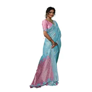 Women's Linen Cotton Printed Saree with Blouse – Sky Blue