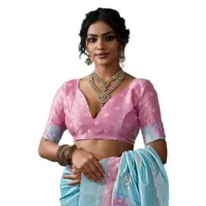 Women's Linen Cotton Printed Saree with Blouse – Sky Blue
