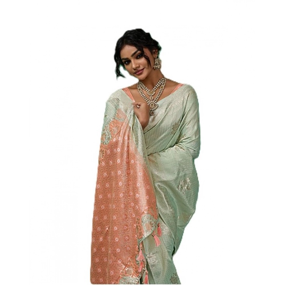 Women's Linen Cotton Printed Saree with Blouse – Pista Green