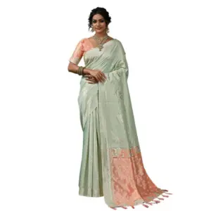 Women's Linen Cotton Printed Saree with Blouse – Pista Green