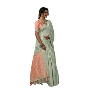 Women's Linen Cotton Printed Saree with Blouse – Pista Green