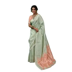 Women's Linen Cotton Printed Saree with Blouse – Pista Green
