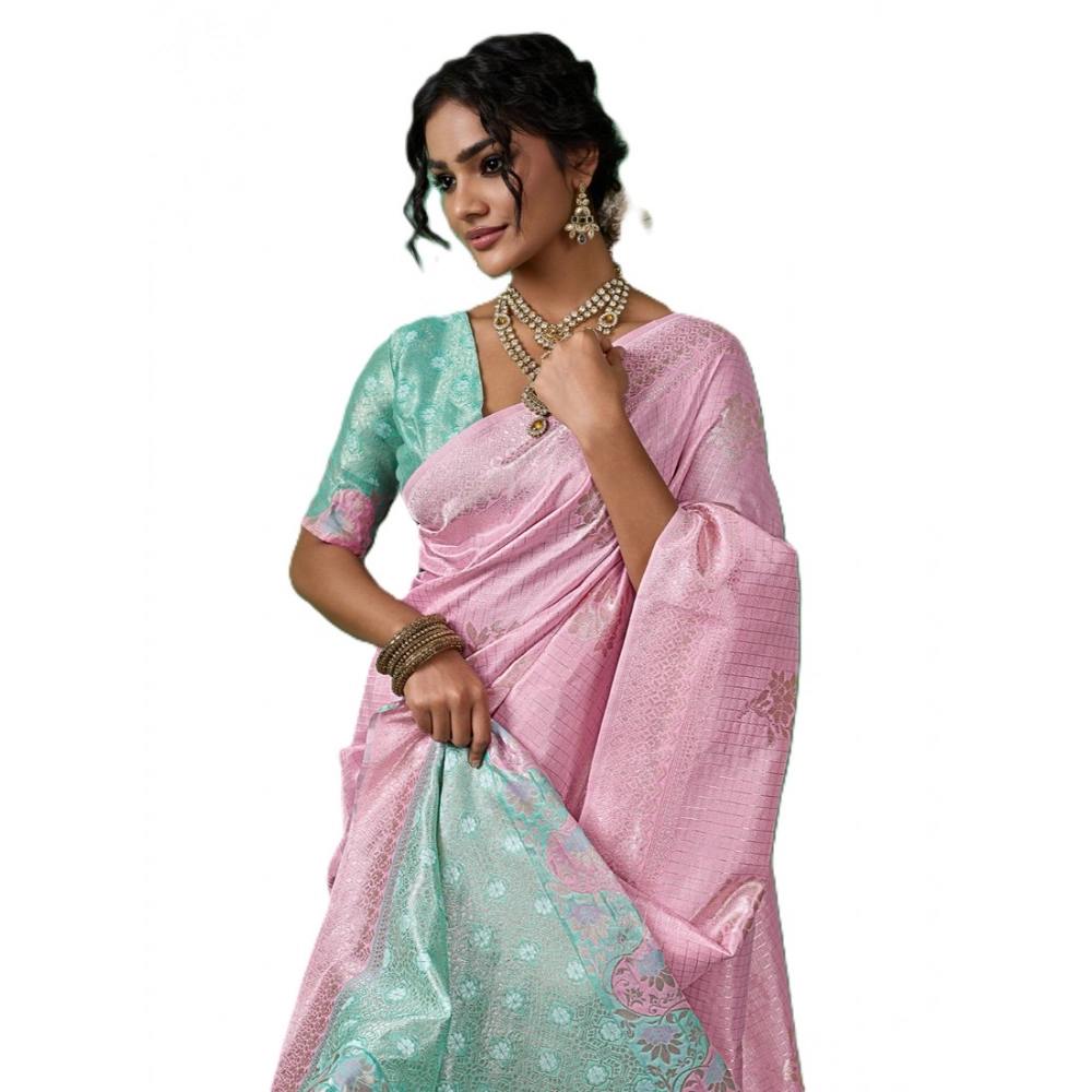 Women's Linen Cotton Printed Saree with Blouse – Pastel Pink