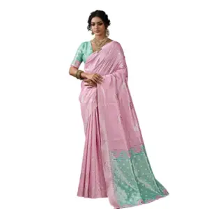 Women's Linen Cotton Printed Saree with Blouse – Pastel Pink