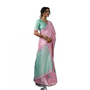 Women's Linen Cotton Printed Saree with Blouse – Pastel Pink