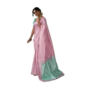 Women's Linen Cotton Printed Saree with Blouse – Pastel Pink