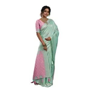 Women's Linen Cotton Printed Saree with Blouse – Sea Green