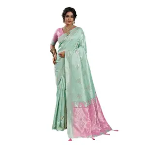 Women's Linen Cotton Printed Saree with Blouse – Sea Green