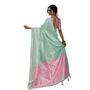 Women's Linen Cotton Printed Saree with Blouse – Sea Green