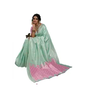 Women's Linen Cotton Printed Saree with Blouse – Sea Green