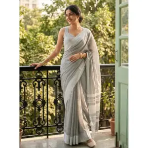 Women's Linen Striped Saree with Blouse – Gray
