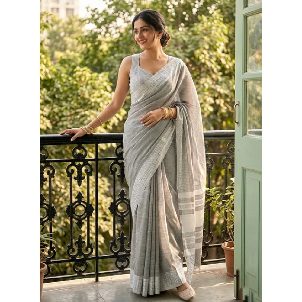 Women's Linen Striped Saree with Blouse – Gray