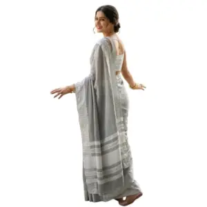 Women's Linen Striped Saree with Blouse – Gray